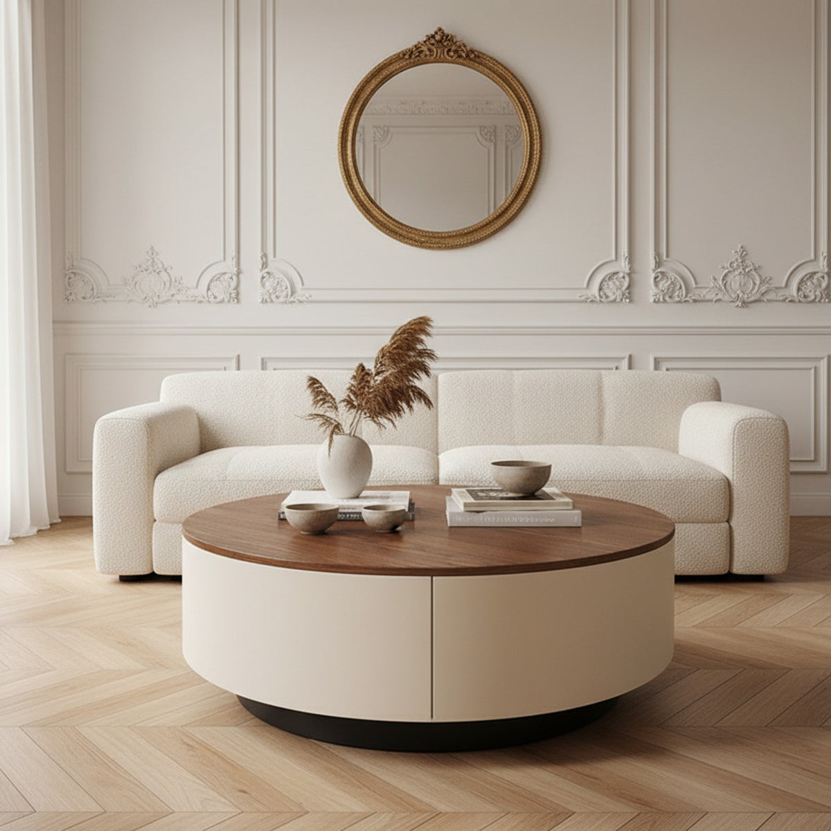 Table basse ronde noyer et crème dans un salon haussmannien, parquet à chevrons