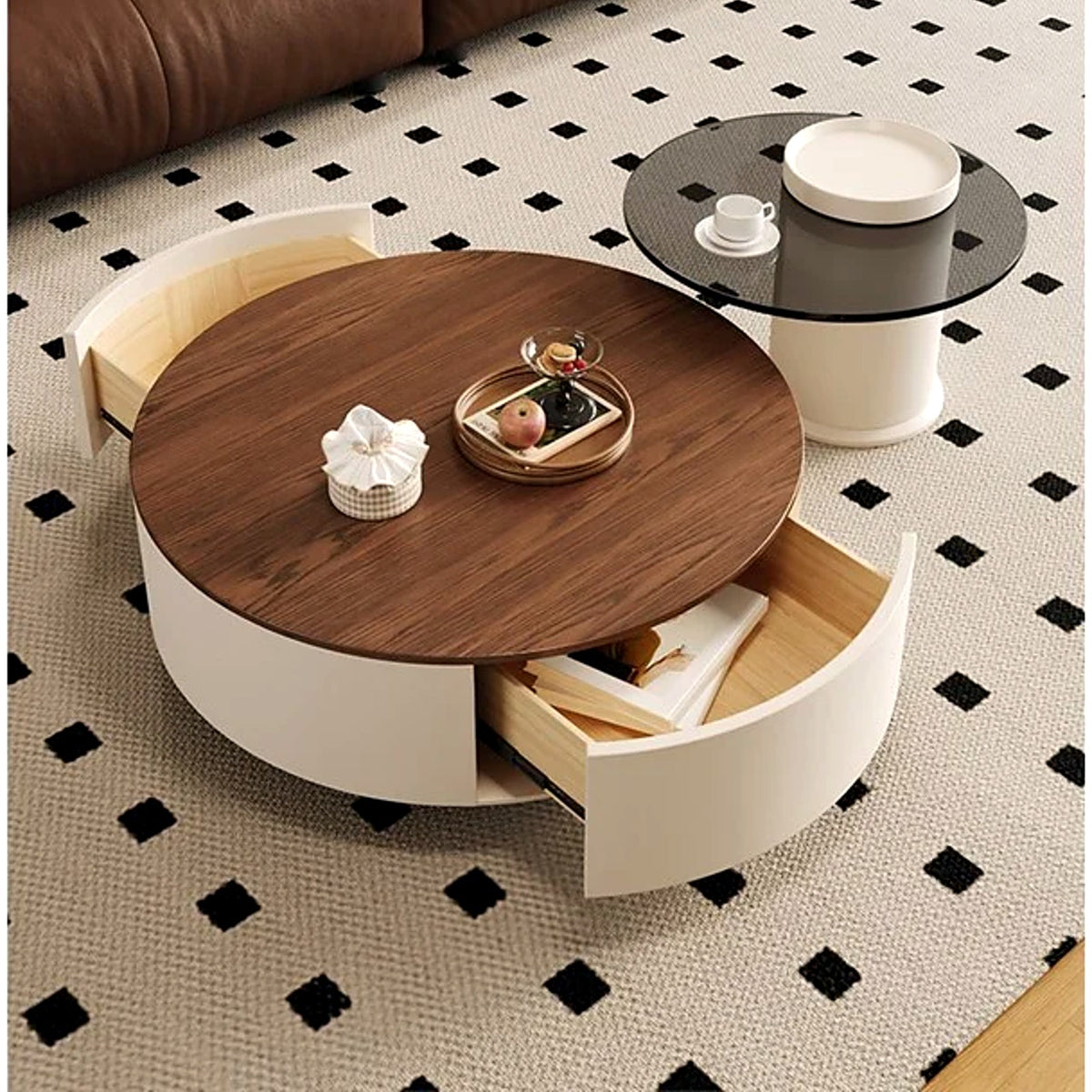 Table basse ronde AUBRYNE, tiroirs de rangement ouverts