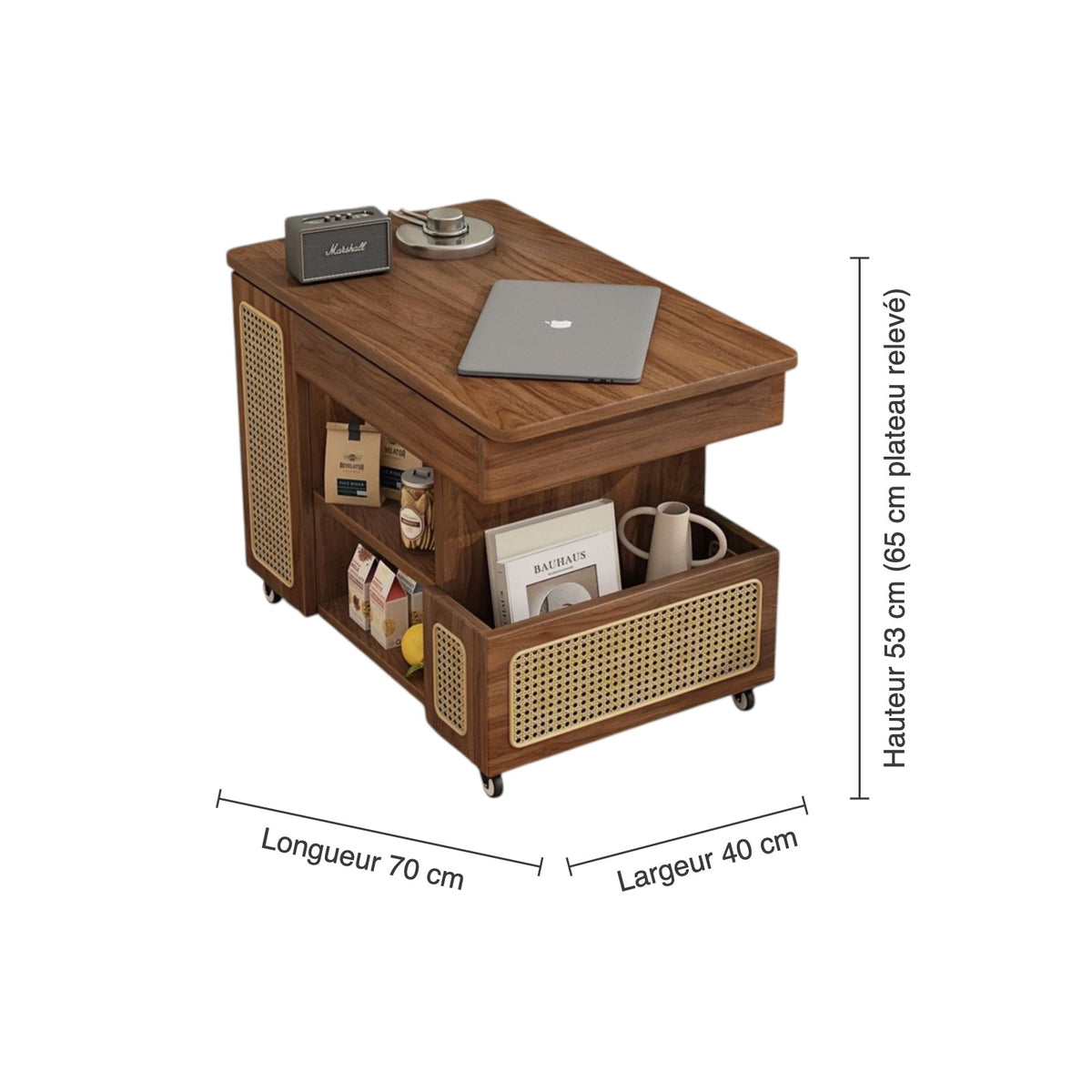 Dimensions : longueur 70 cm, largeur 40 cm, hauteur 53 à 65 cm