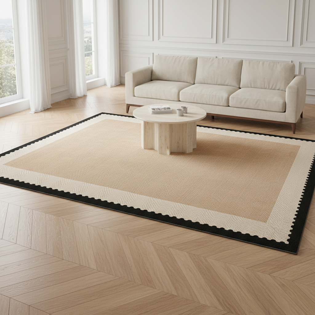 Tapis bouclé AUBRYNE à double bordure festonnée, camel, dans un salon parisien