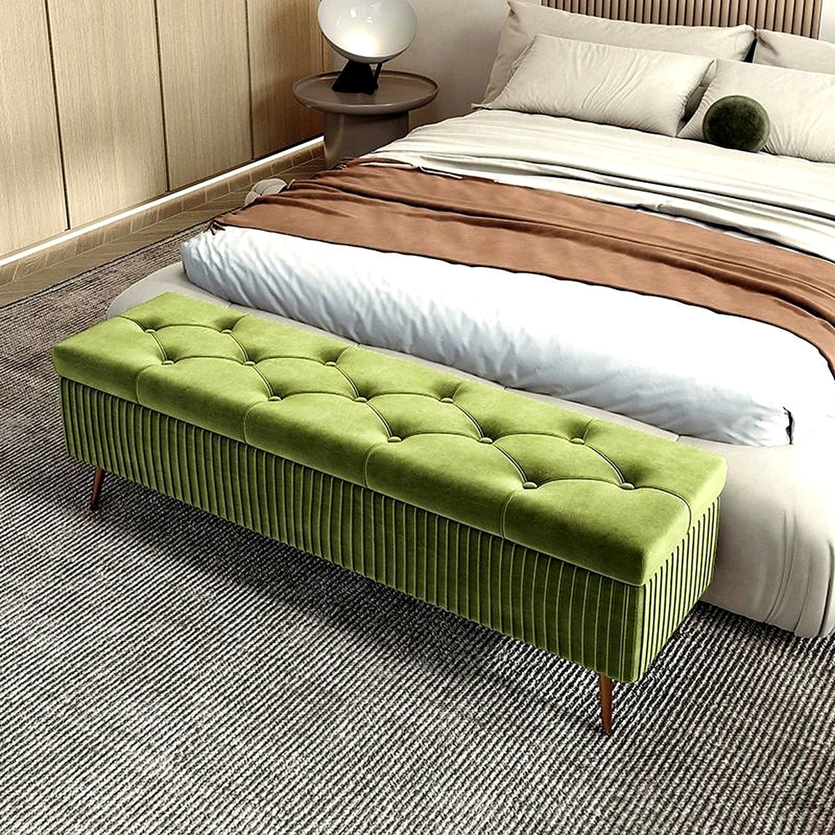 Banc coffre de lit en velours matelassé vert olive en chambre