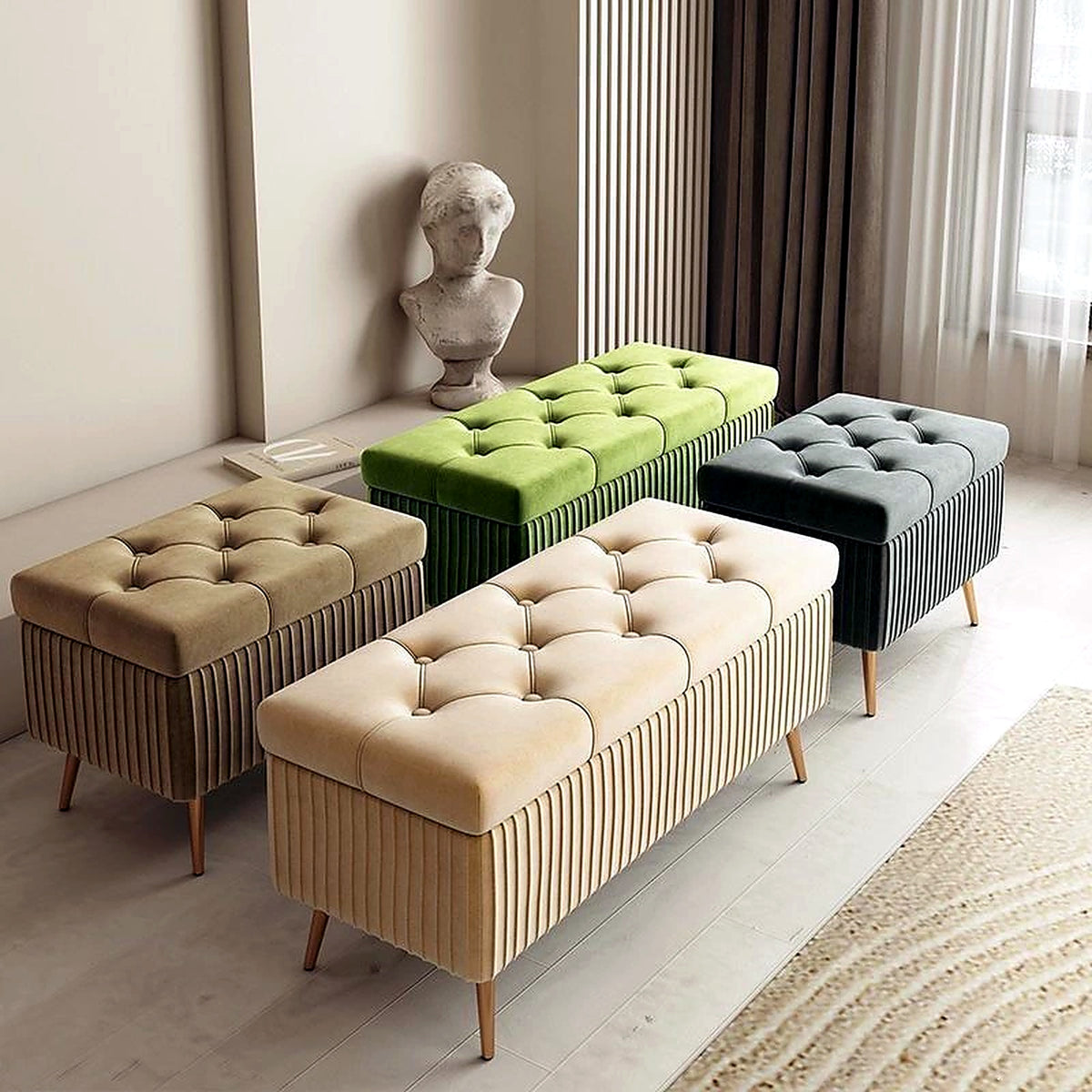 Banc coffre de lit en velours matelassé, palette de coloris
