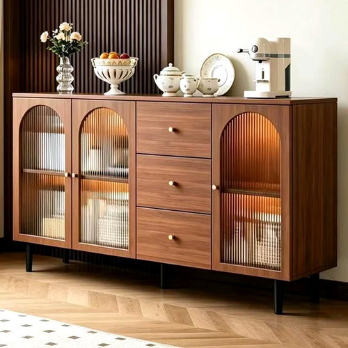 Buffet AUBRYNE ton noyer à portes arrondies en verre cannelé