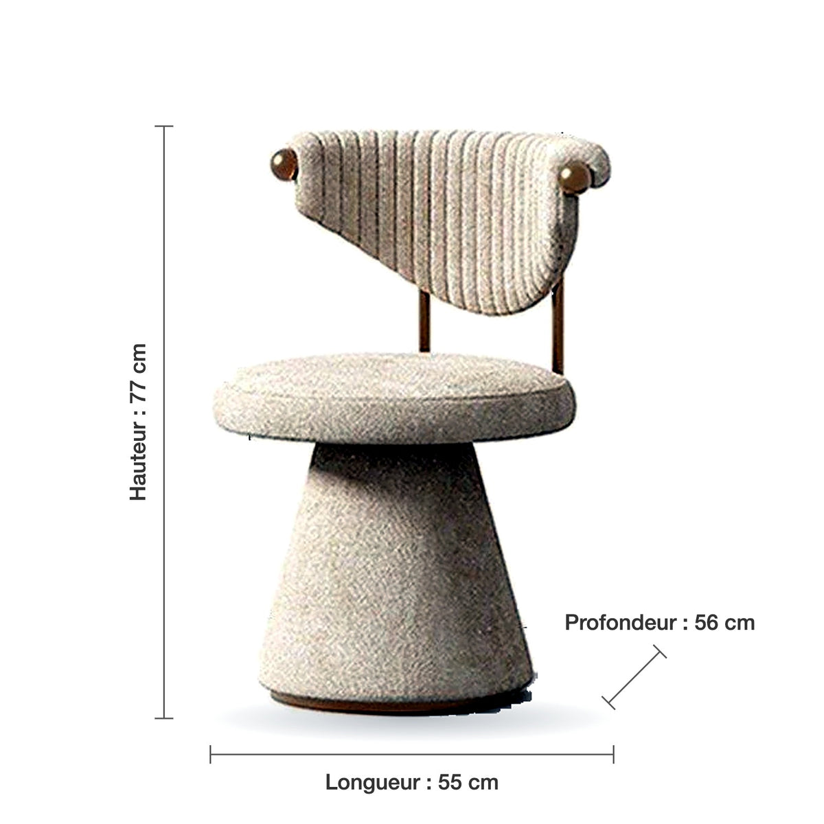 Dimensions de la chaise de coiffeuse bouclée : hauteur 77 cm, longueur 55 cm, profondeur 56 cm