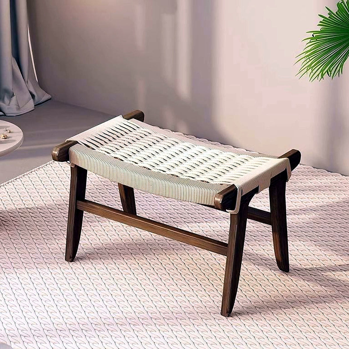 Banc repose-pieds en noyer et corde tressée