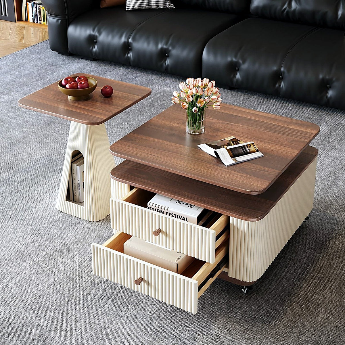 Duo table basse carrée cannelée à tiroirs ouverts et table d'appoint AUBRYNE