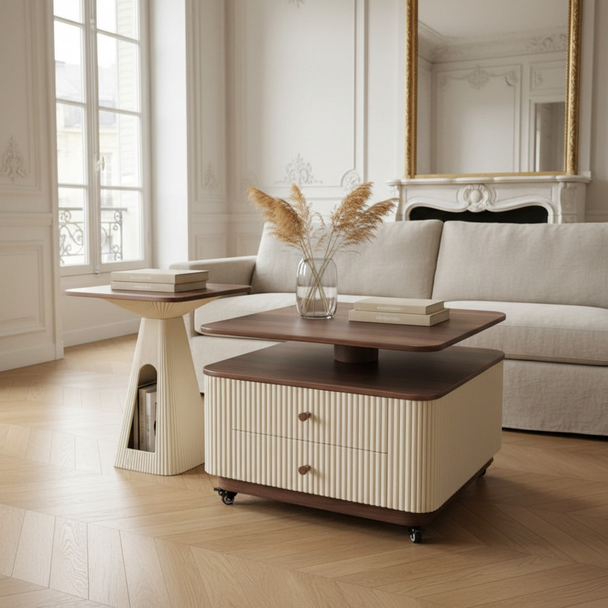 Table basse carrée cannelée et table d'appoint – mise en scène dans un salon haussmannien