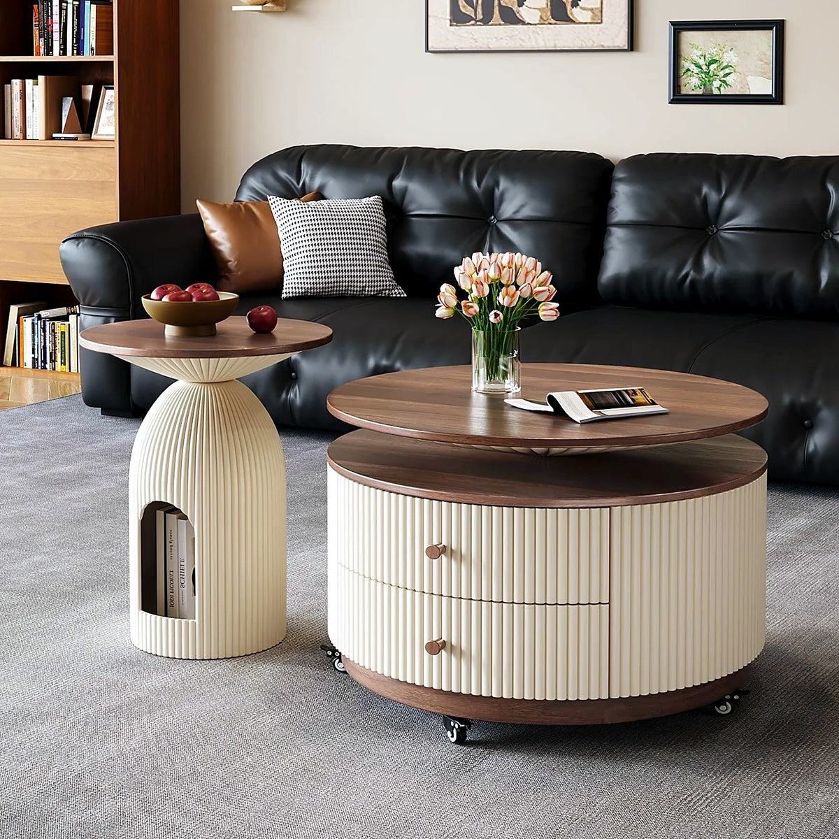 Duo table basse ronde cannelée et table d'appoint AUBRYNE dans un salon