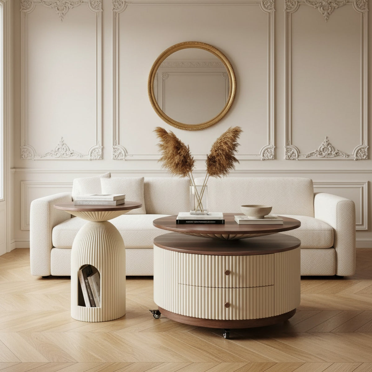 Table basse ronde cannelée et table d'appoint – mise en scène dans un salon haussmannien