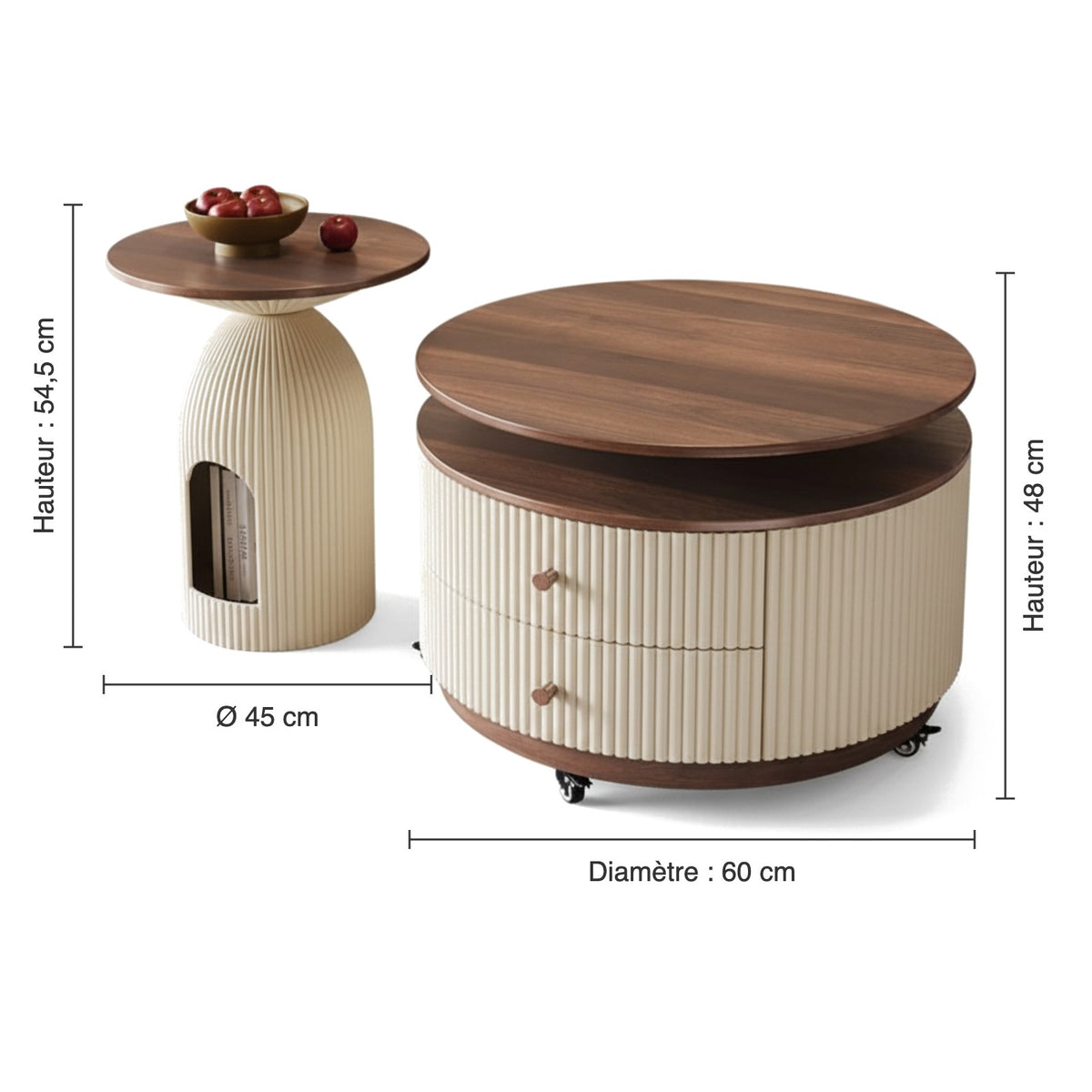 Version ronde, dimensions : table basse Ø 60 cm H 48 cm, table d'appoint Ø 45 cm H 54,5 cm