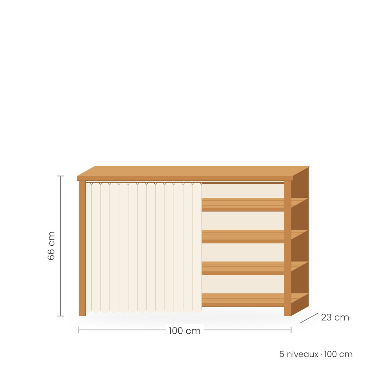Étagère à chaussures bambou avec rideau, 5 niveaux, 100 cm