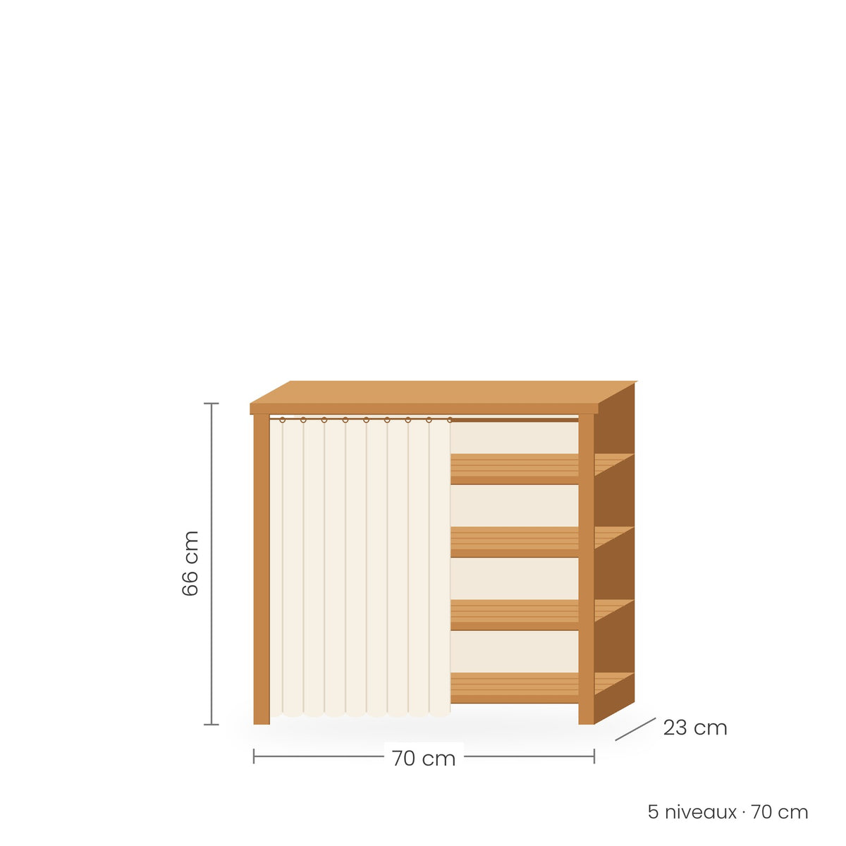 Étagère à chaussures bambou avec rideau, 5 niveaux, 70 cm