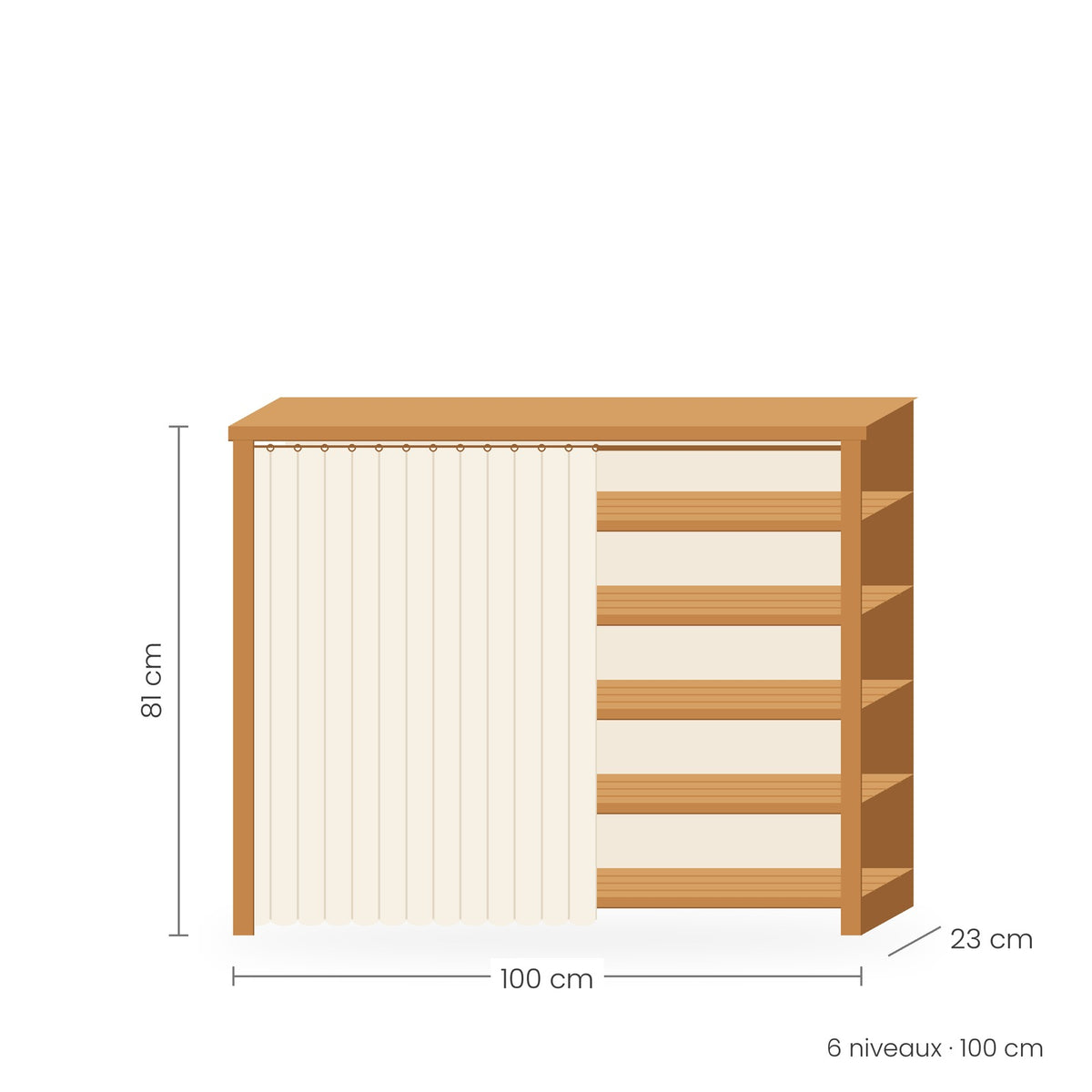 Étagère à chaussures bambou avec rideau, 6 niveaux, 100 cm