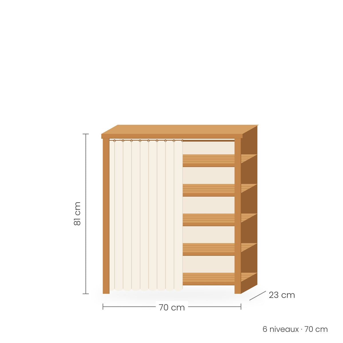 Étagère à chaussures bambou avec rideau, 6 niveaux, 70 cm