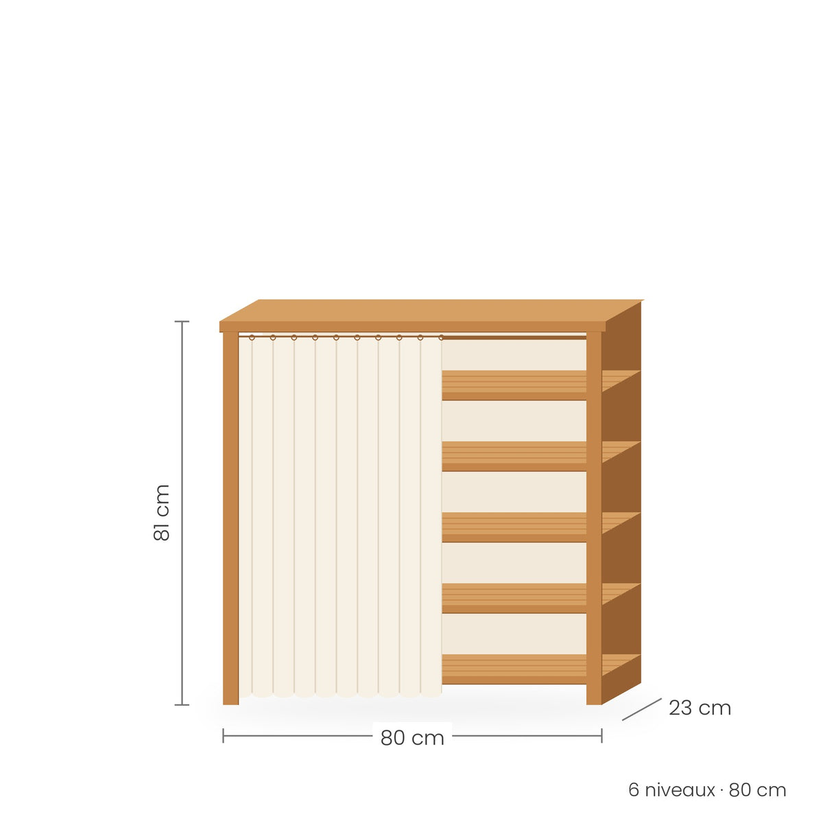Étagère à chaussures bambou avec rideau, 6 niveaux, 80 cm