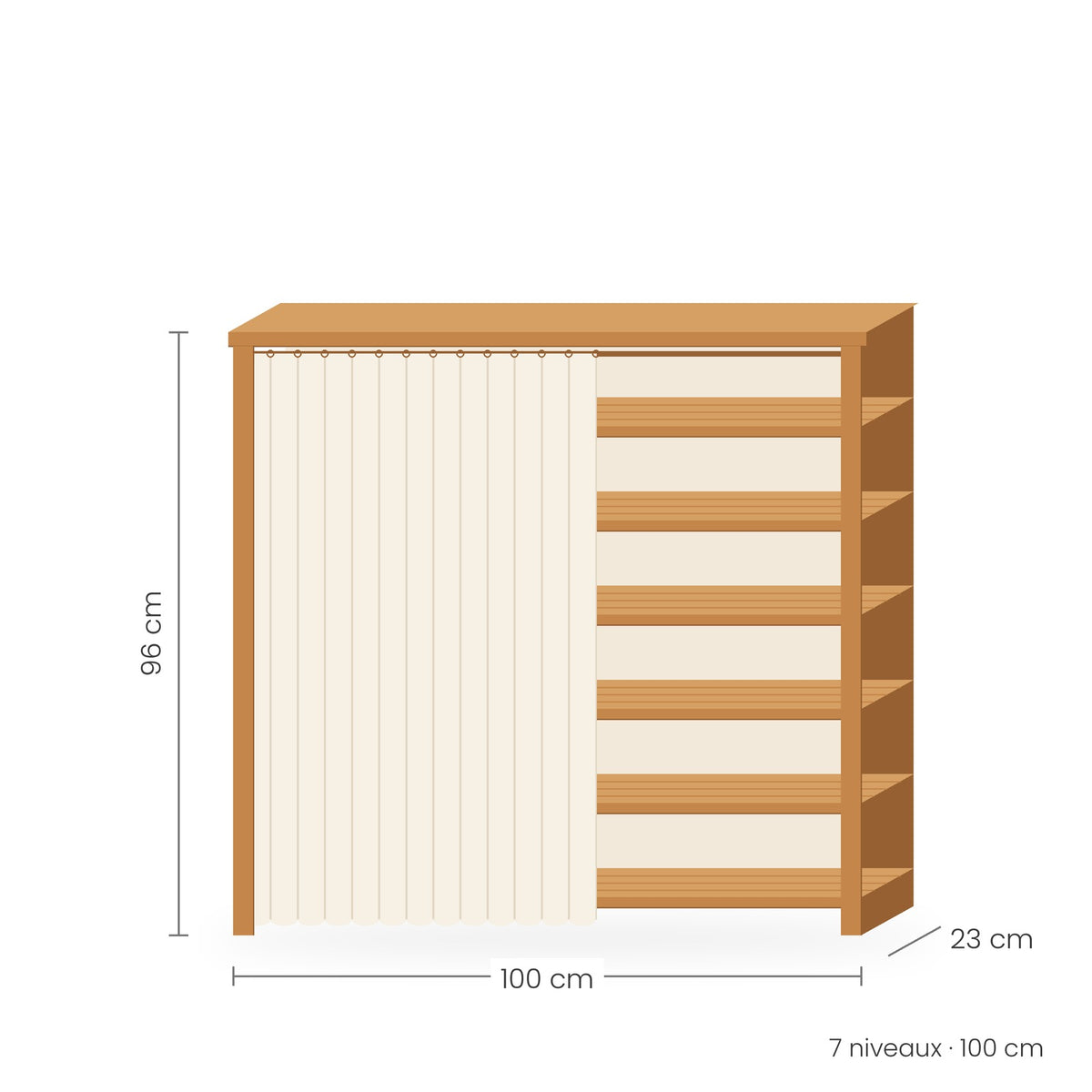 Étagère à chaussures bambou avec rideau, 7 niveaux, 100 cm