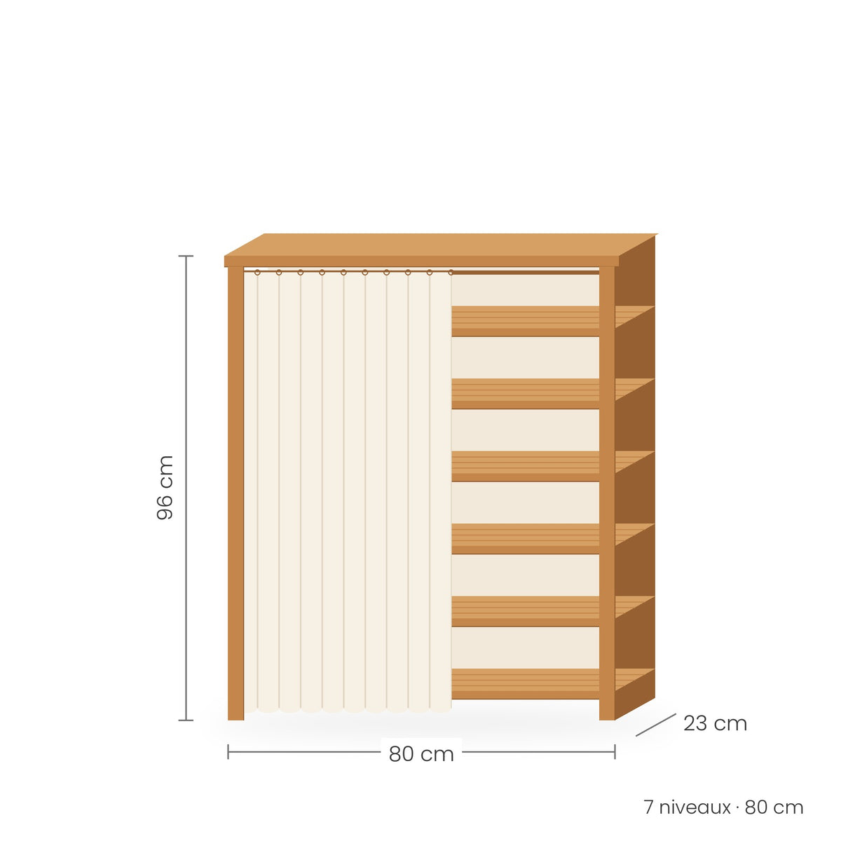 Étagère à chaussures bambou avec rideau, 7 niveaux, 80 cm