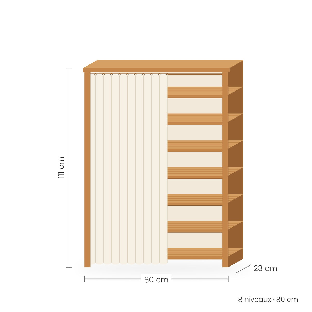 Étagère à chaussures bambou avec rideau, 8 niveaux, 80 cm