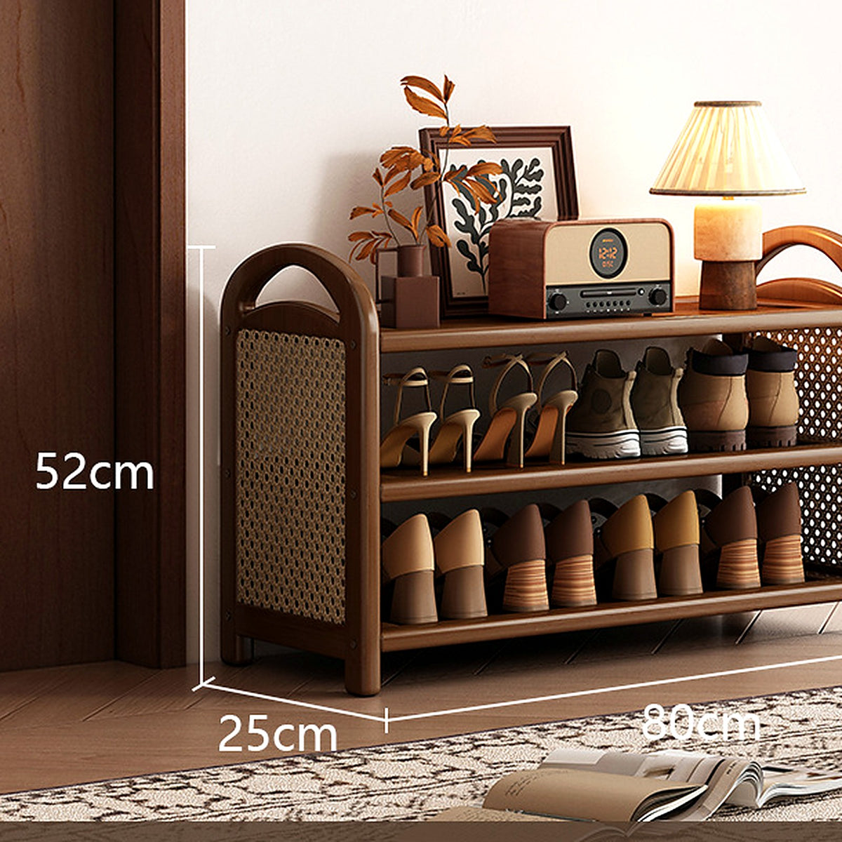 Étagère à chaussures vintage noyer et cannage, 3 niveaux, 80 cm