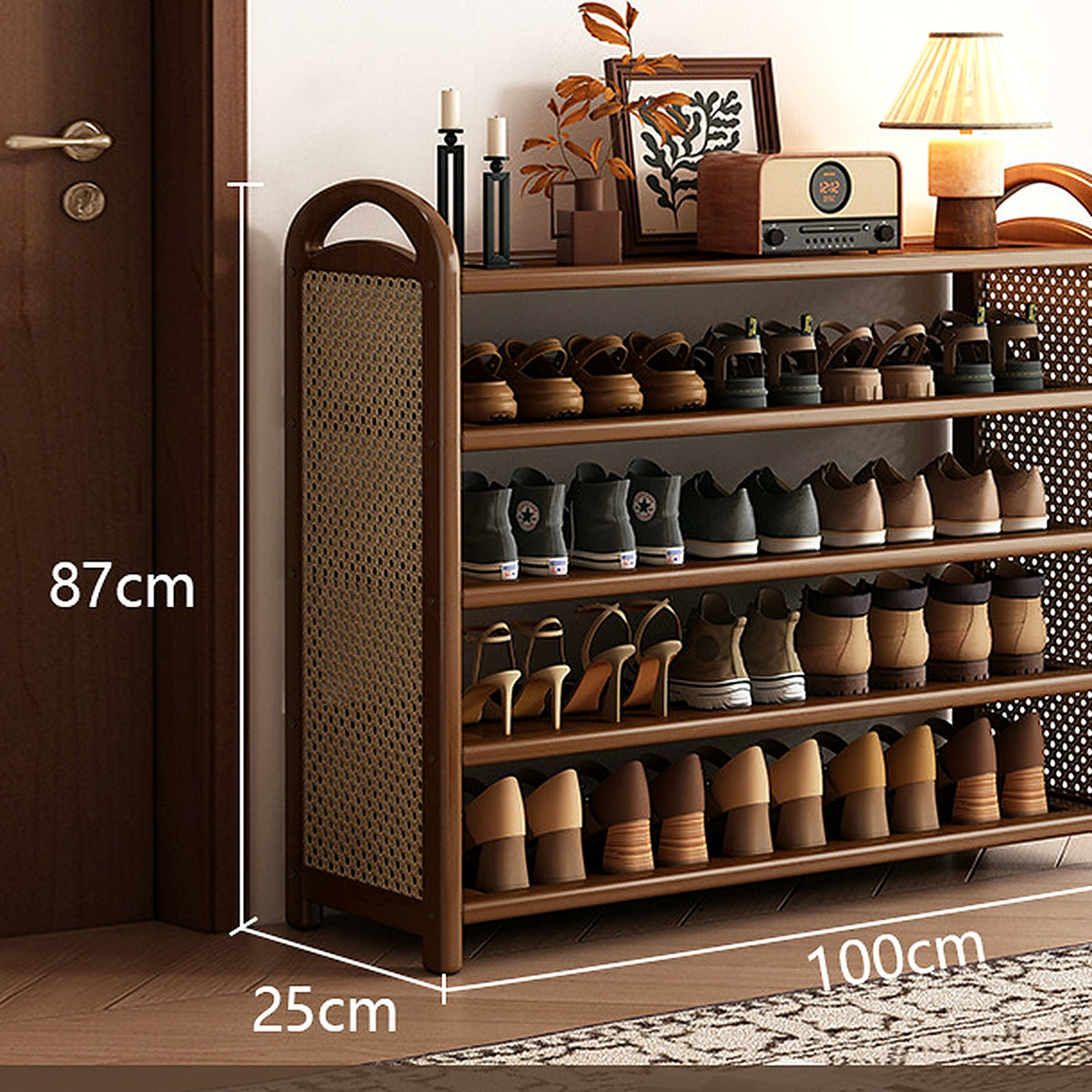 Étagère à chaussures vintage noyer et cannage, 5 niveaux, 100 cm