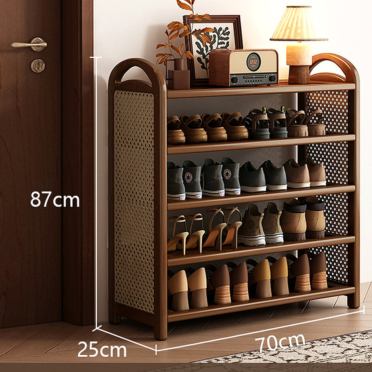 Étagère à chaussures vintage noyer et cannage, 5 niveaux, 70 cm