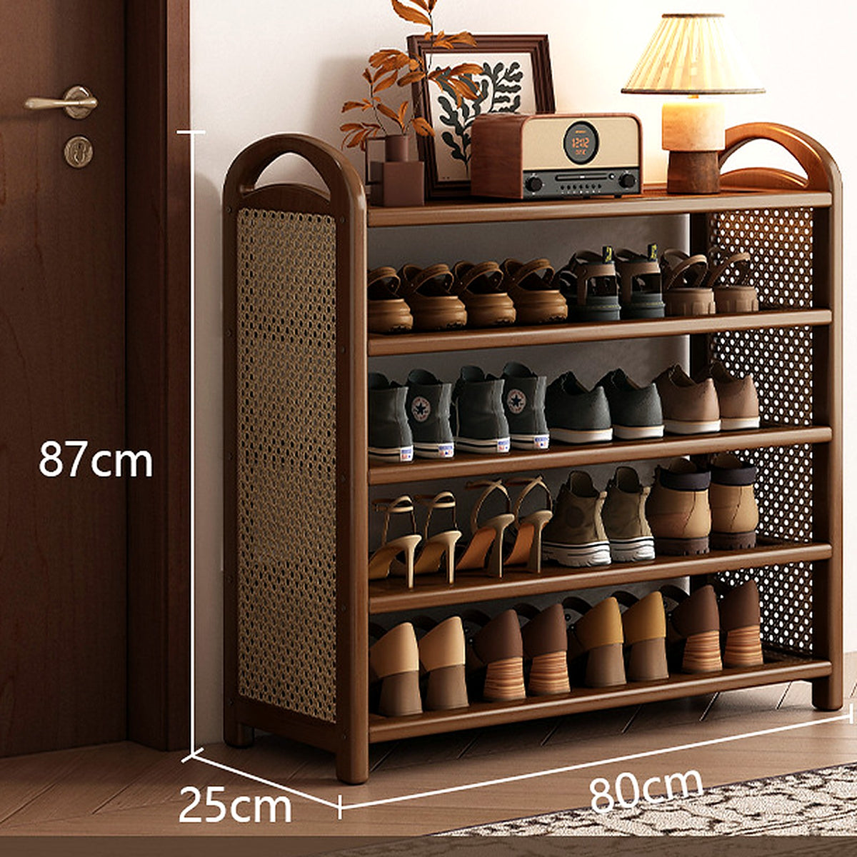 Étagère à chaussures vintage noyer et cannage, 5 niveaux, 80 cm