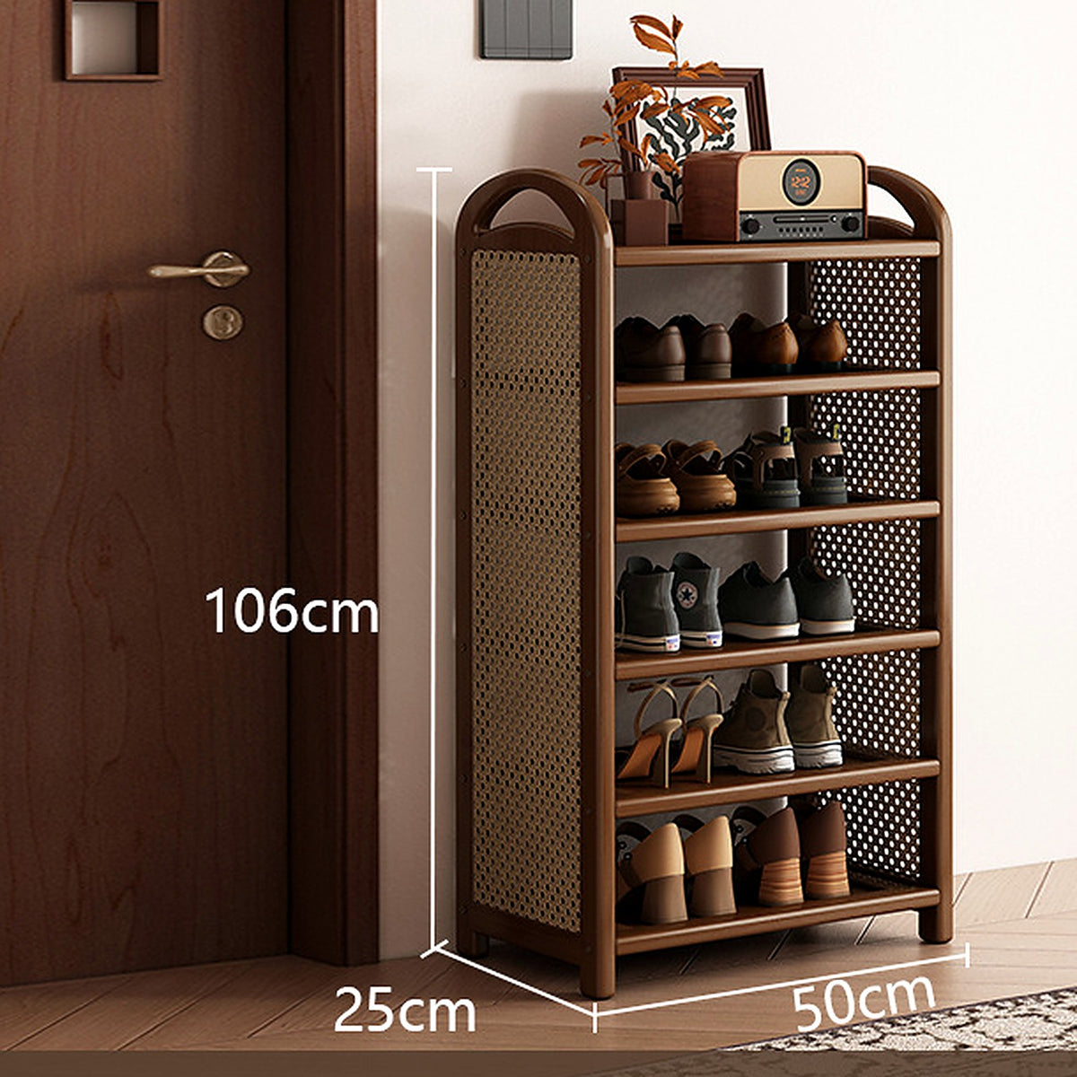 Étagère à chaussures vintage noyer et cannage, 6 niveaux, 50 cm