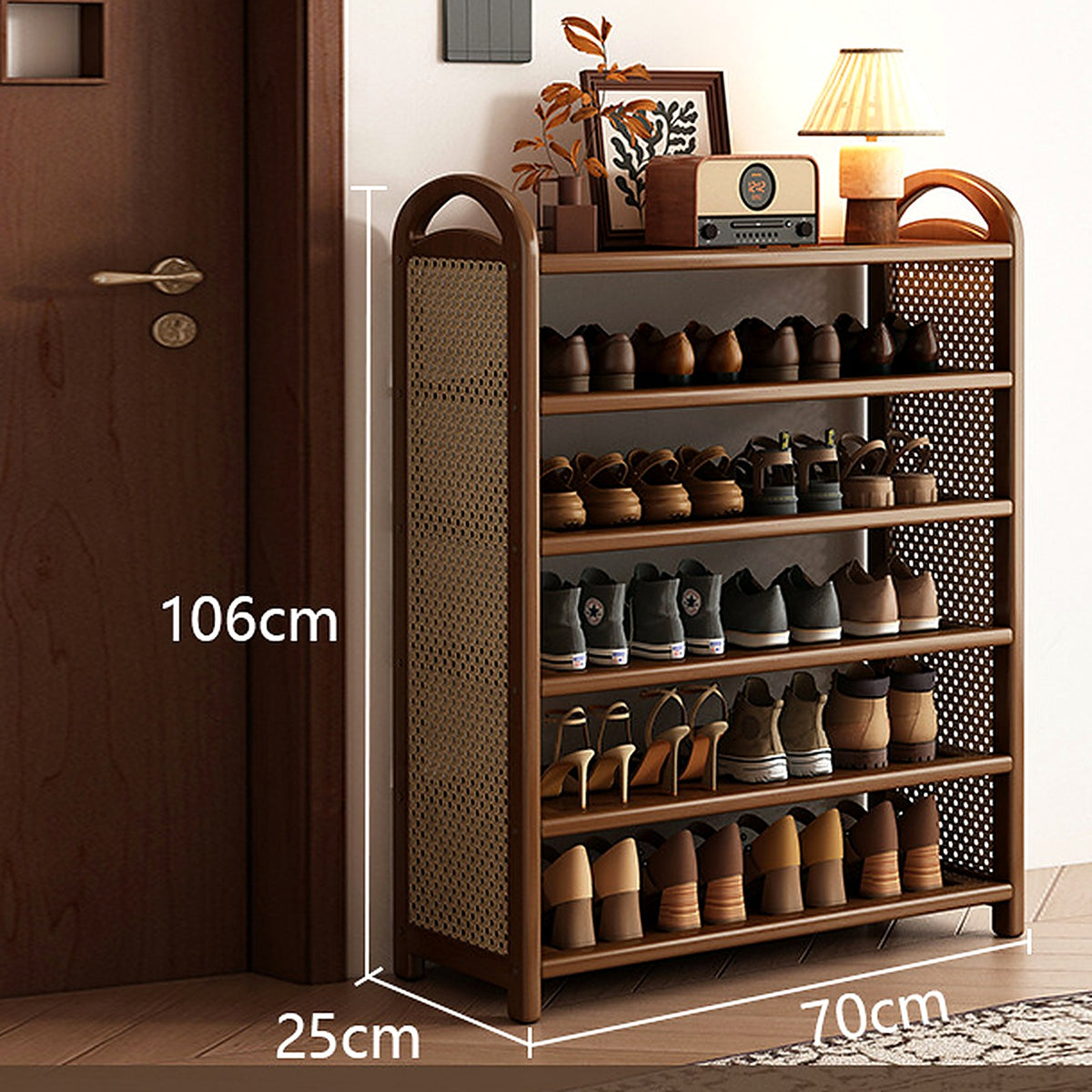 Étagère à chaussures vintage noyer et cannage, 6 niveaux, 70 cm