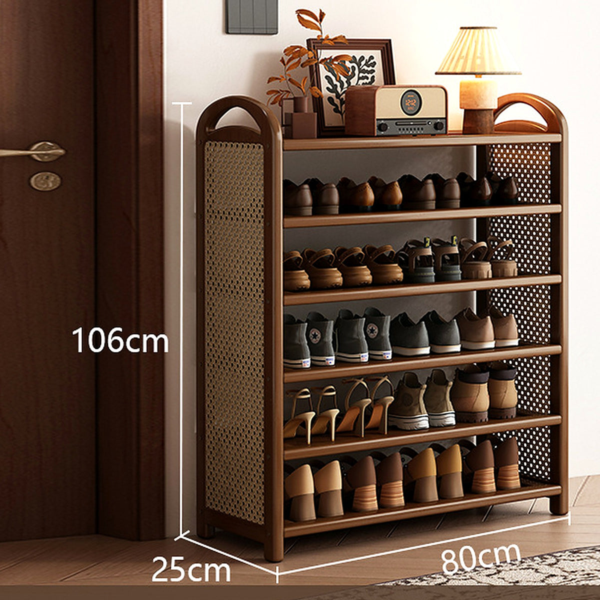 Étagère à chaussures vintage noyer et cannage, 6 niveaux, 80 cm
