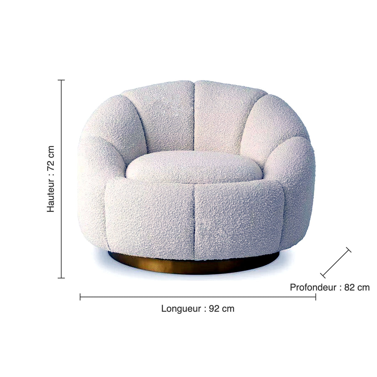 Dimensions du fauteuil pivotant bouclette : hauteur 72 cm, longueur 92 cm, profondeur 82 cm