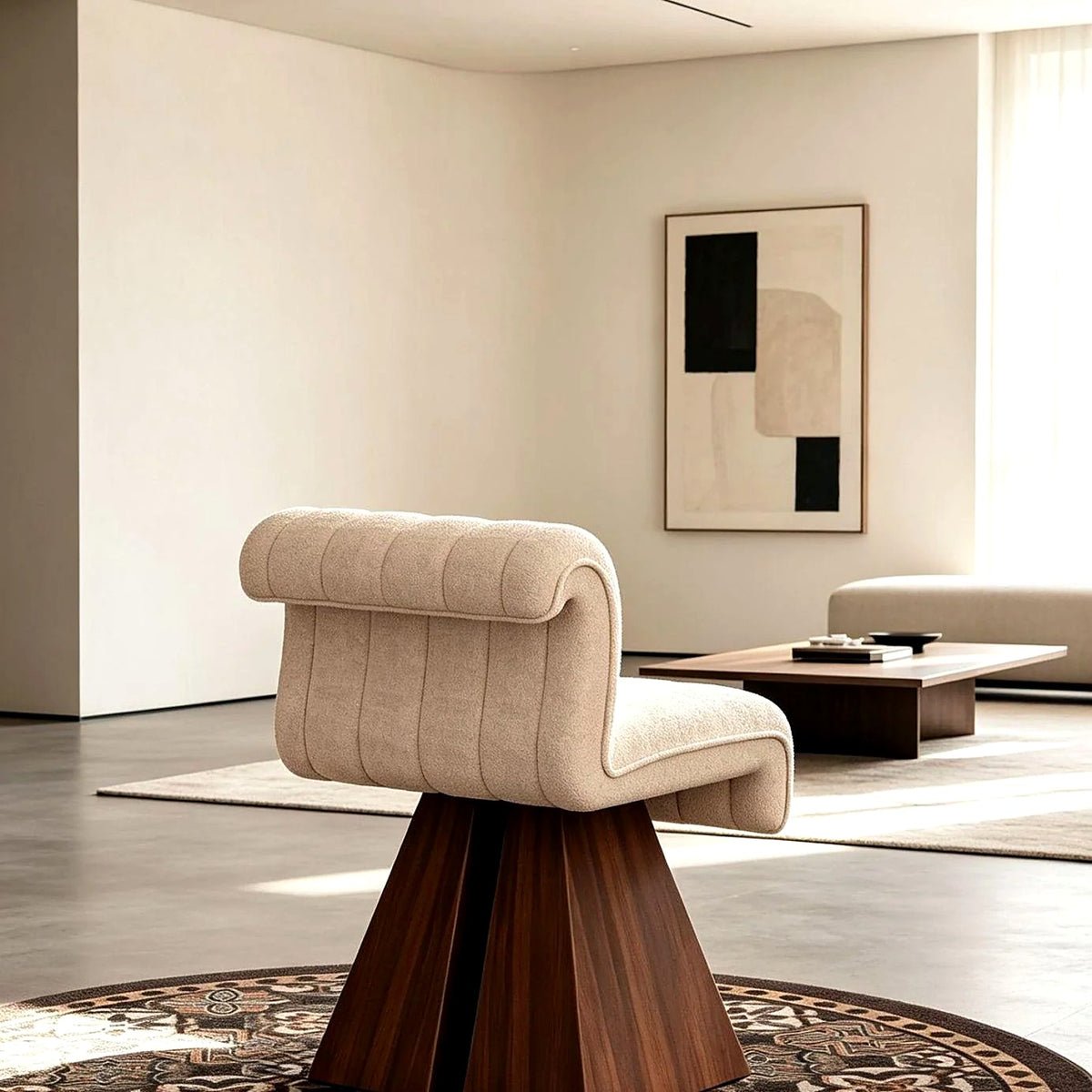 Fauteuil de coiffeuse bouclette vu de dos, piètement sculptural en bois noyer