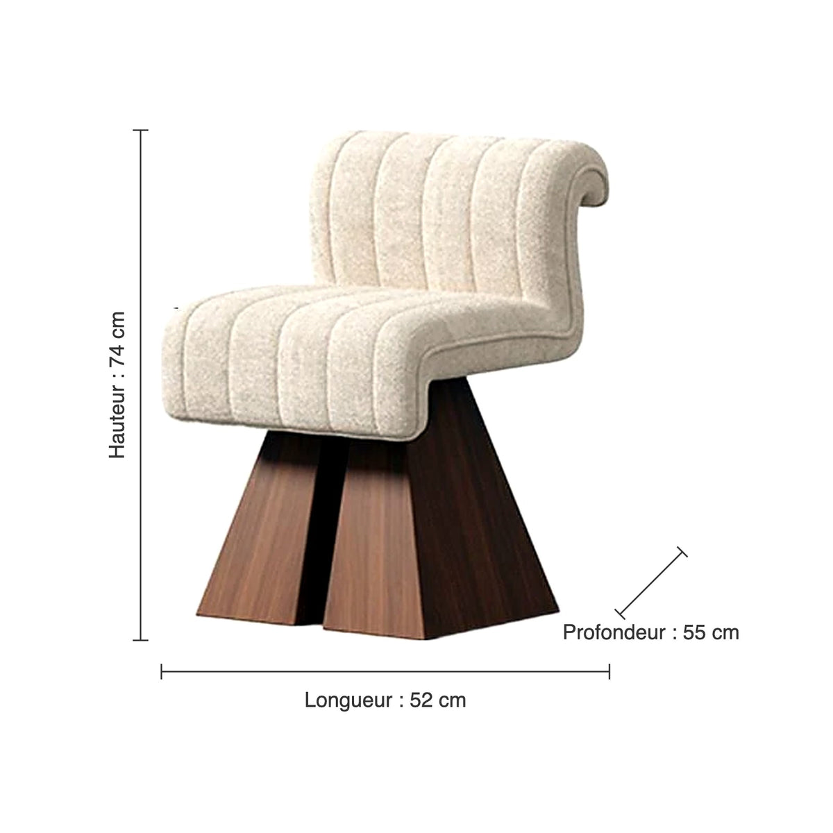 Dimensions du fauteuil de coiffeuse bouclette : hauteur 74 cm, longueur 52 cm, profondeur 55 cm