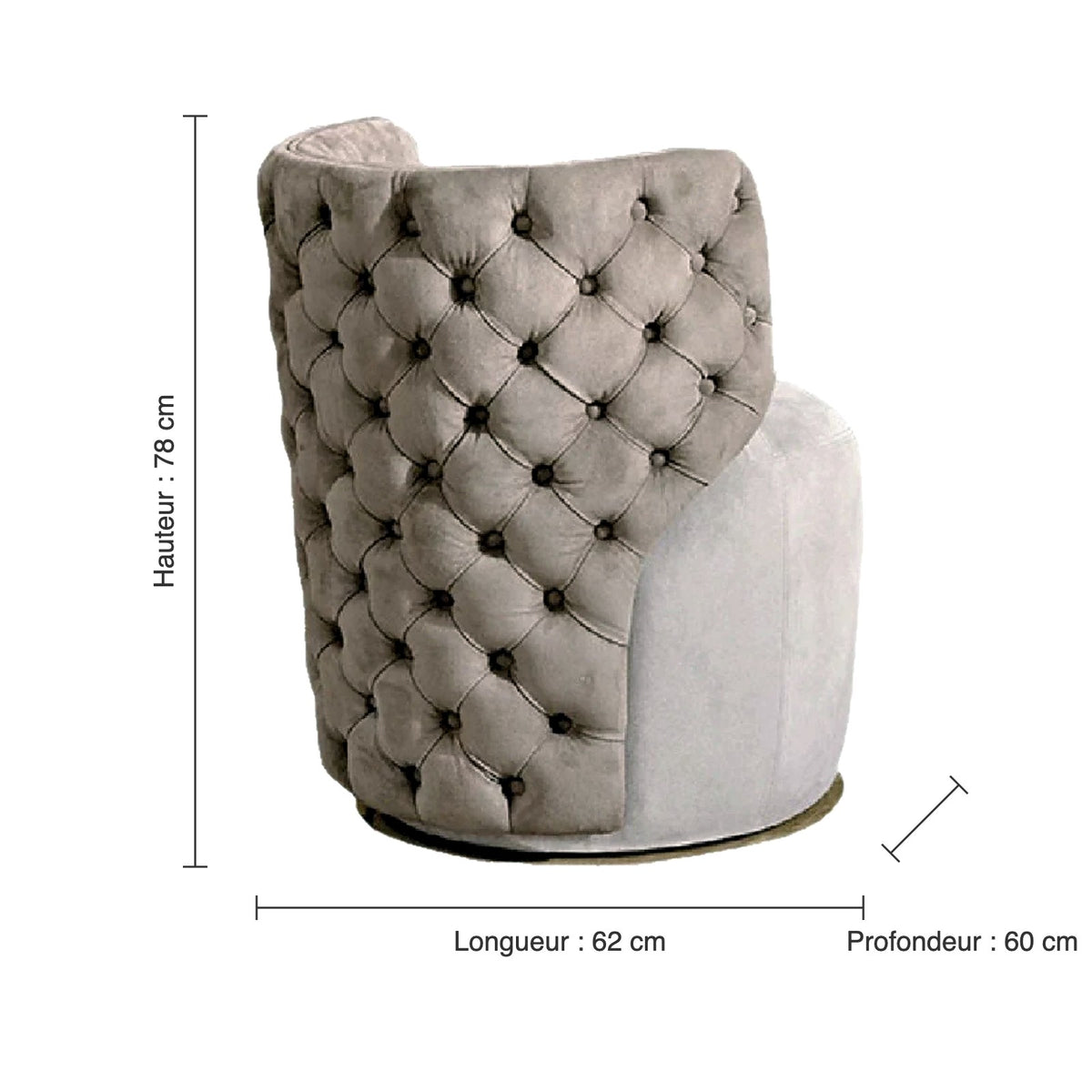Dimensions du fauteuil de coiffeuse capitonné : hauteur 78 cm, longueur 62 cm, profondeur 60 cm