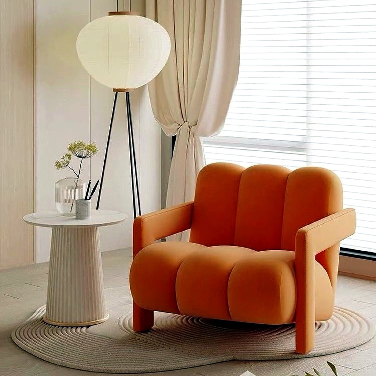 Fauteuil lounge à côtes en velours orange vif
