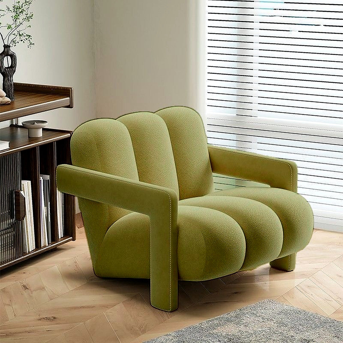 Fauteuil lounge à côtes en velours vert avocat
