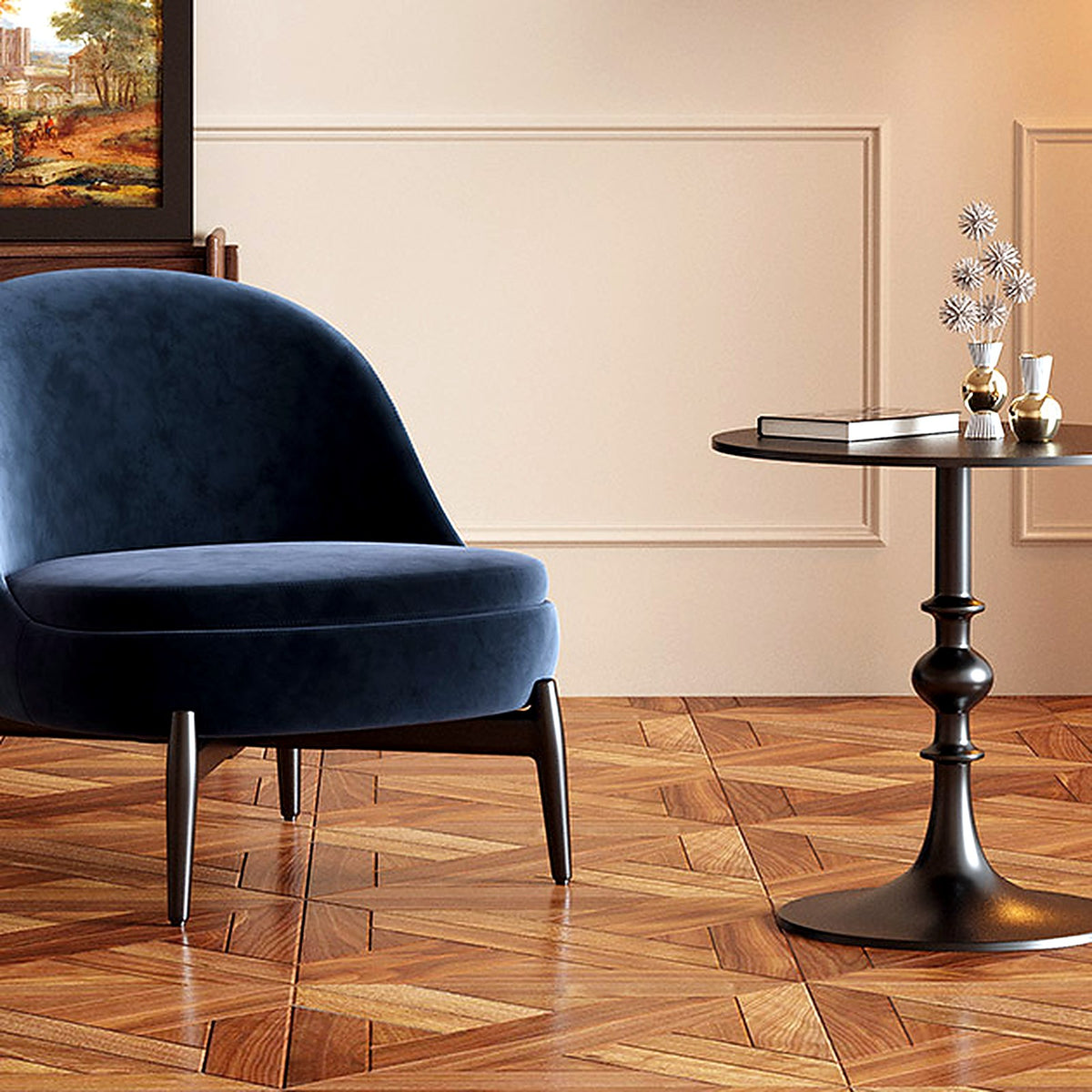 Fauteuil en velours bleu gris et guéridon noir