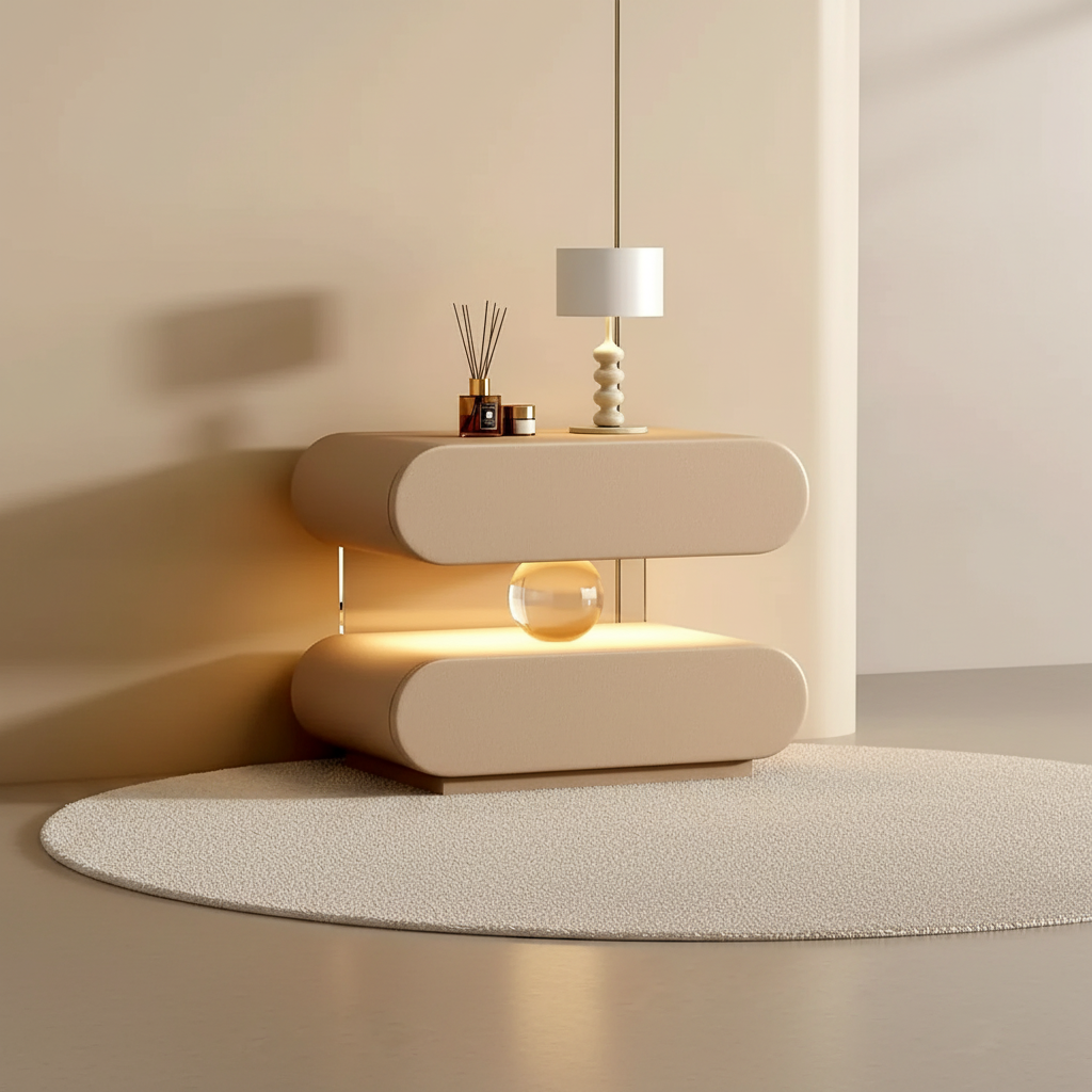 Table de chevet sphère lumineuse, mise en scène