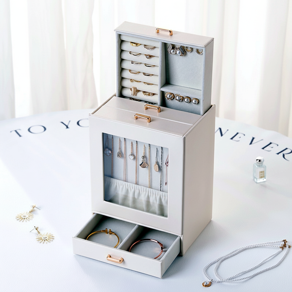 Armoire à bijoux AUBRYNE, plateau supérieur à bagues ouvert