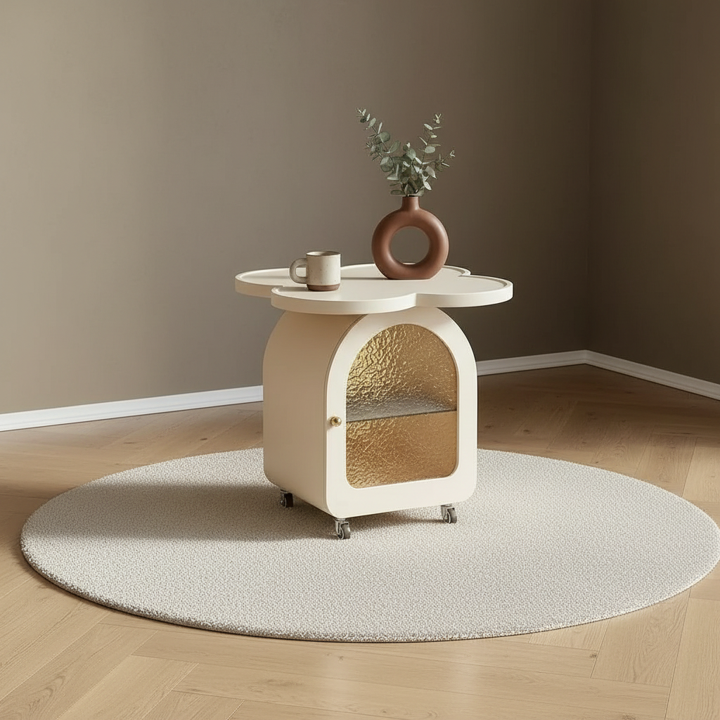 Table de chevet trèfle crème sur roulettes, mise en scène