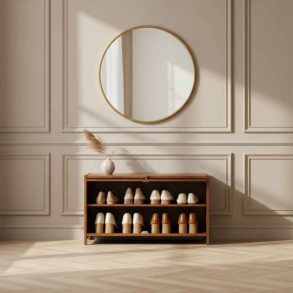 Meuble à chaussures bas en bambou et cannage dans une entrée parisienne
