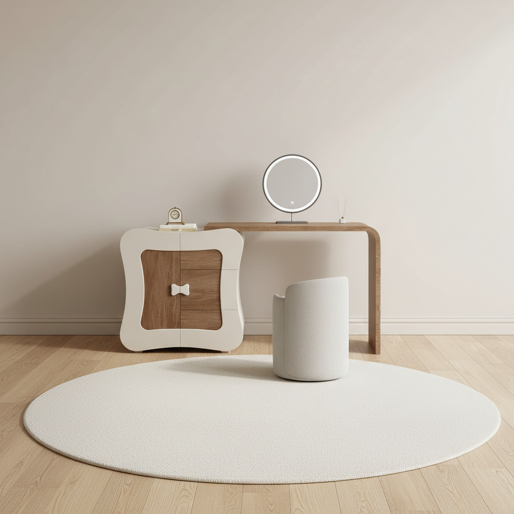 Coiffeuse vintage noyer avec commode et tabouret bouclette – mise en scène