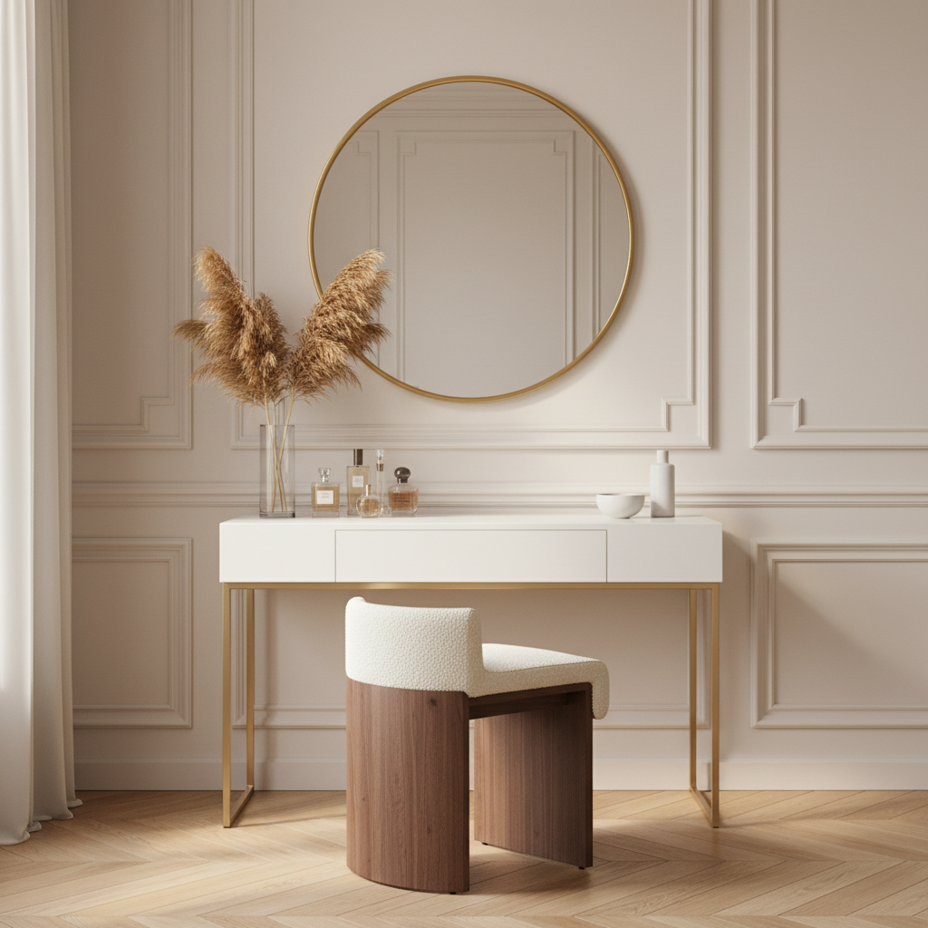 Tabouret de coiffeuse teddy noyer – mise en scène dans une chambre haussmannienne, miroir rond doré