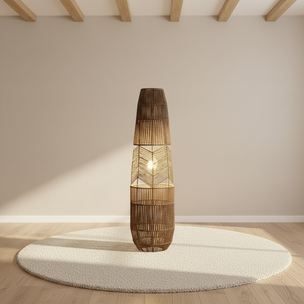 Lampadaire en rotin tressé, style wabi-sabi – mise en scène