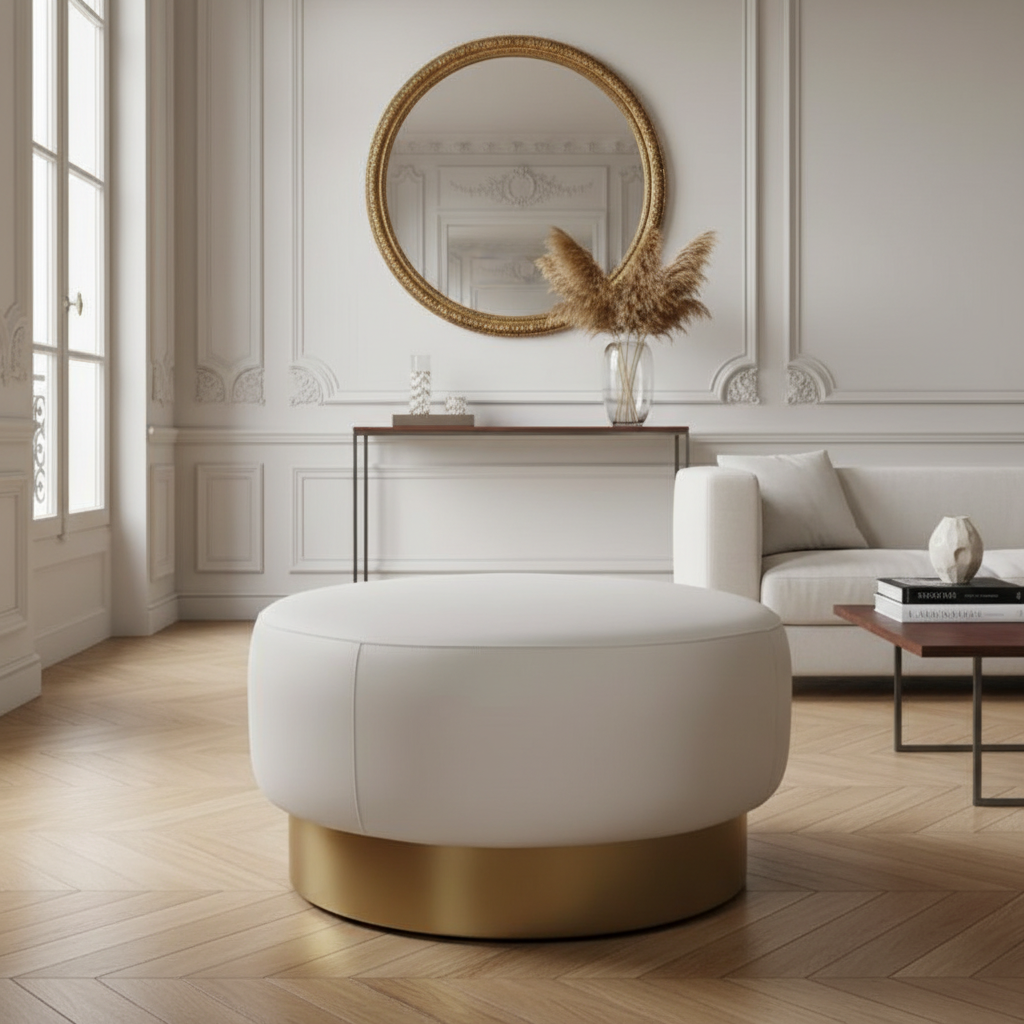 Pouf rond crème et doré dans un salon haussmannien