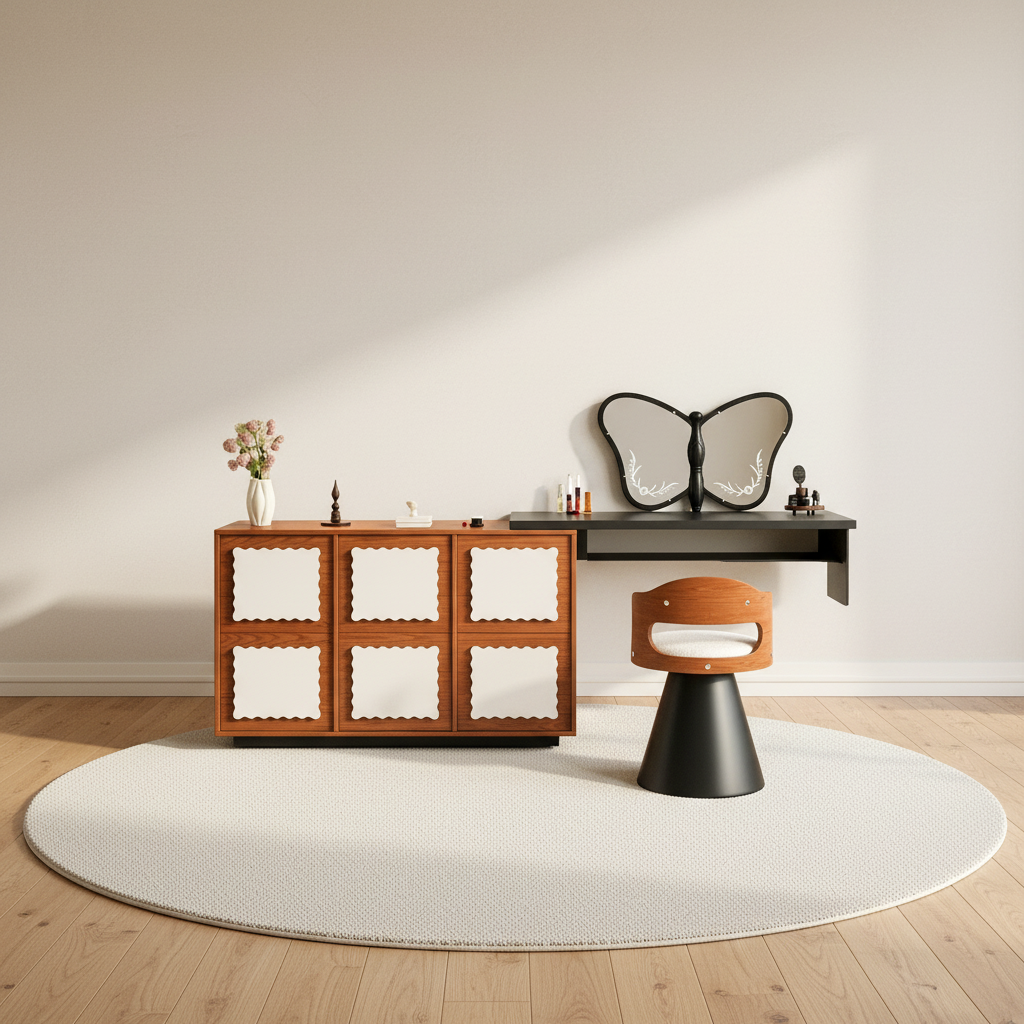 Coiffeuse rétro noyer avec commode 6 tiroirs et miroir nuage – mise en scène