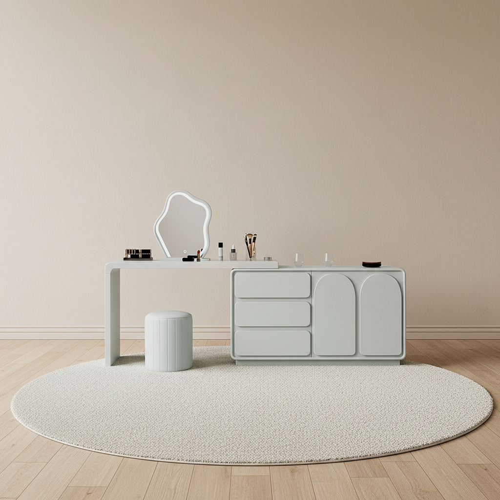 Coiffeuse laquée crème avec meuble à tiroirs et miroir LED sculptural – mise en scène