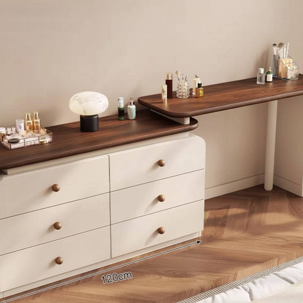 Coiffeuse crème et noyer mid-century – Coiffeuse + commode