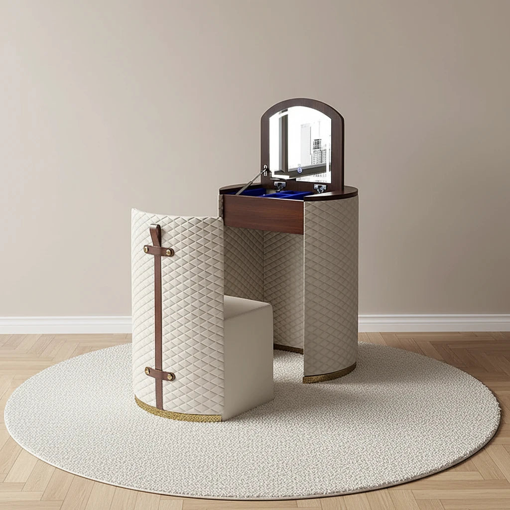 Coiffeuse ronde matelassée crème et noyer – mise en scène
