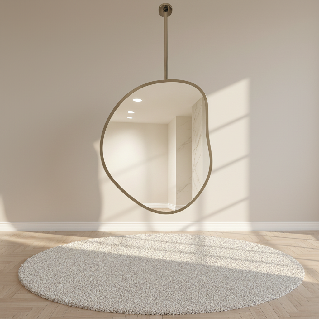 Miroir suspendu organique en inox – mise en scène
