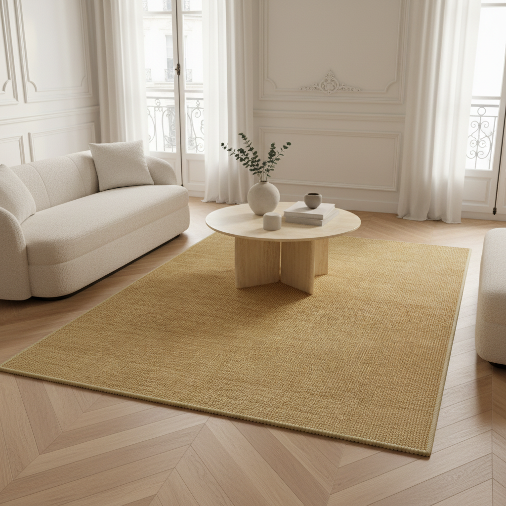 Tapis effet sisal AUBRYNE camel doré dans un salon parisien, canapé bouclette et table en travertin